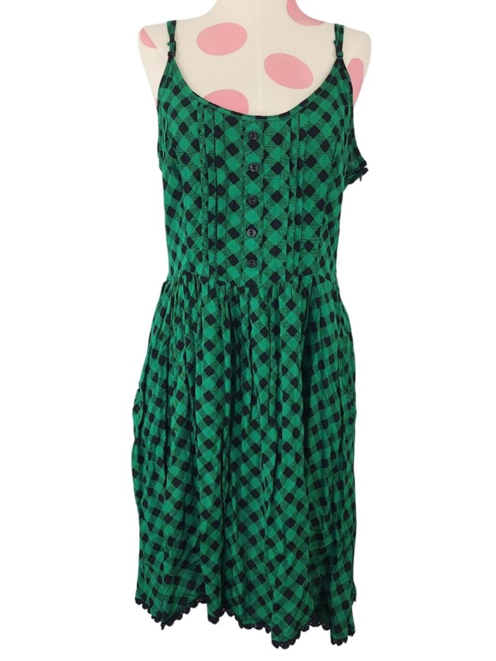 Women's Hot Topic Black Green Check Pleated Dress XL Pockets Sleeveless Zip
